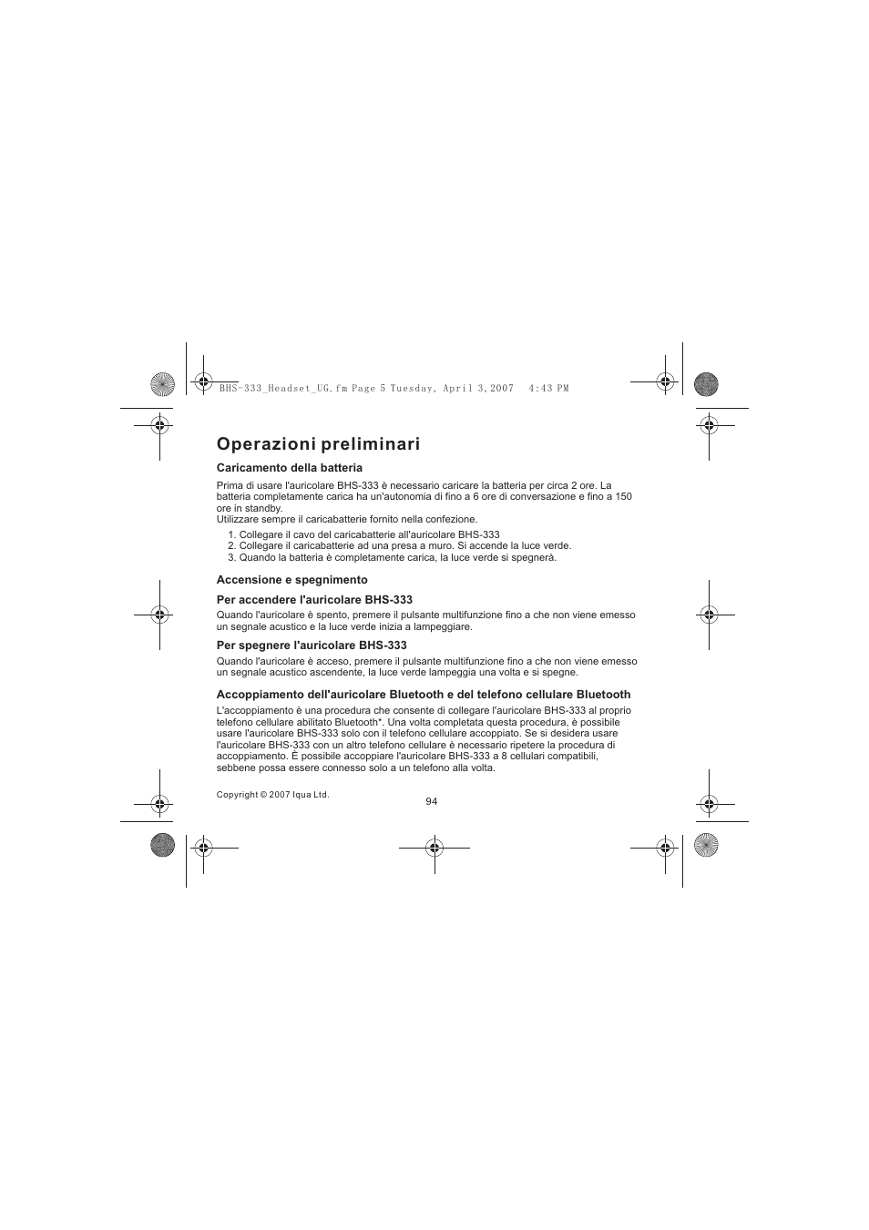 Operazioni preliminari | Iqua Bluetooth BHS-333 User Manual | Page 94 / 128