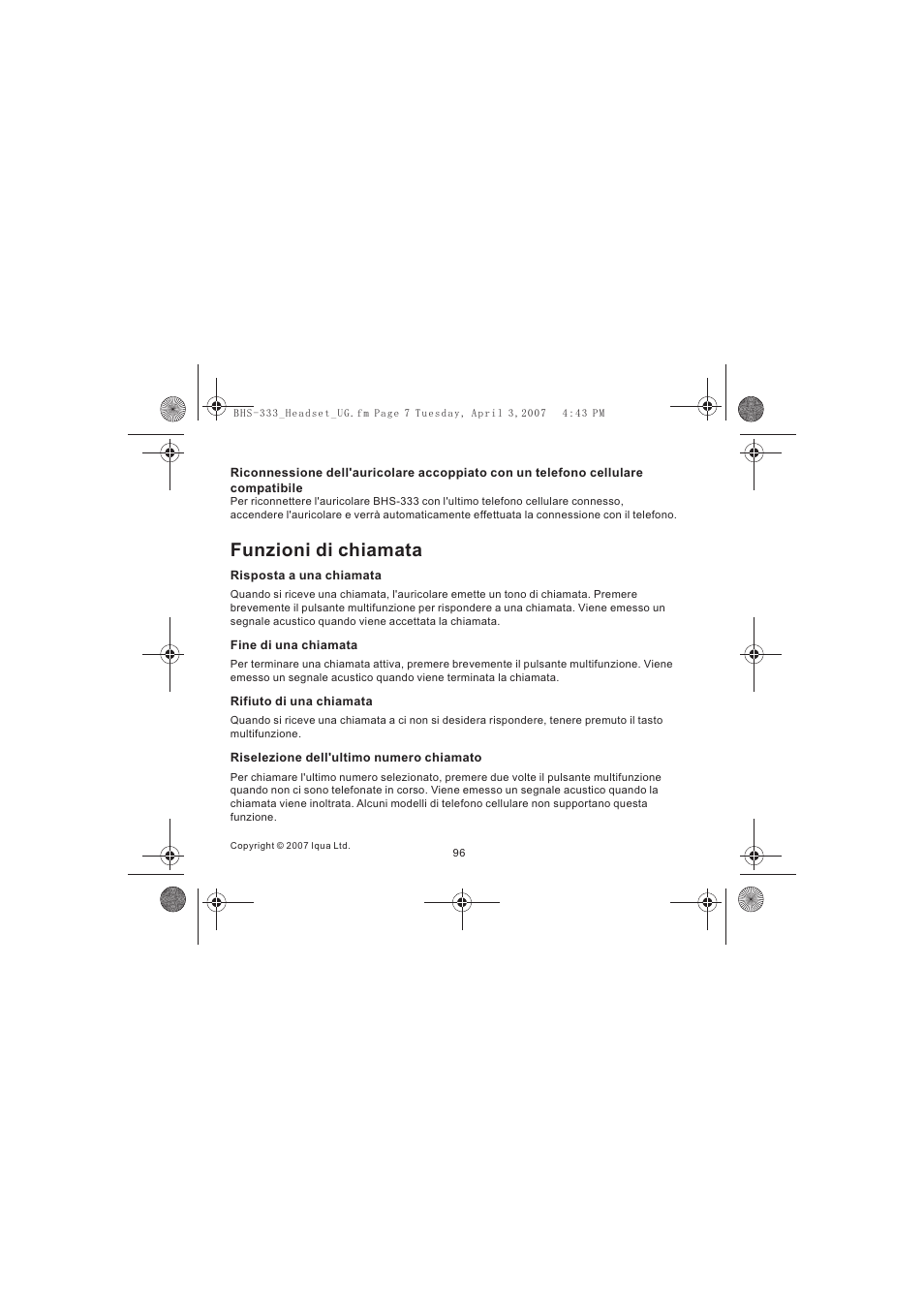 Funzioni di chiamata | Iqua Bluetooth BHS-333 User Manual | Page 96 / 128