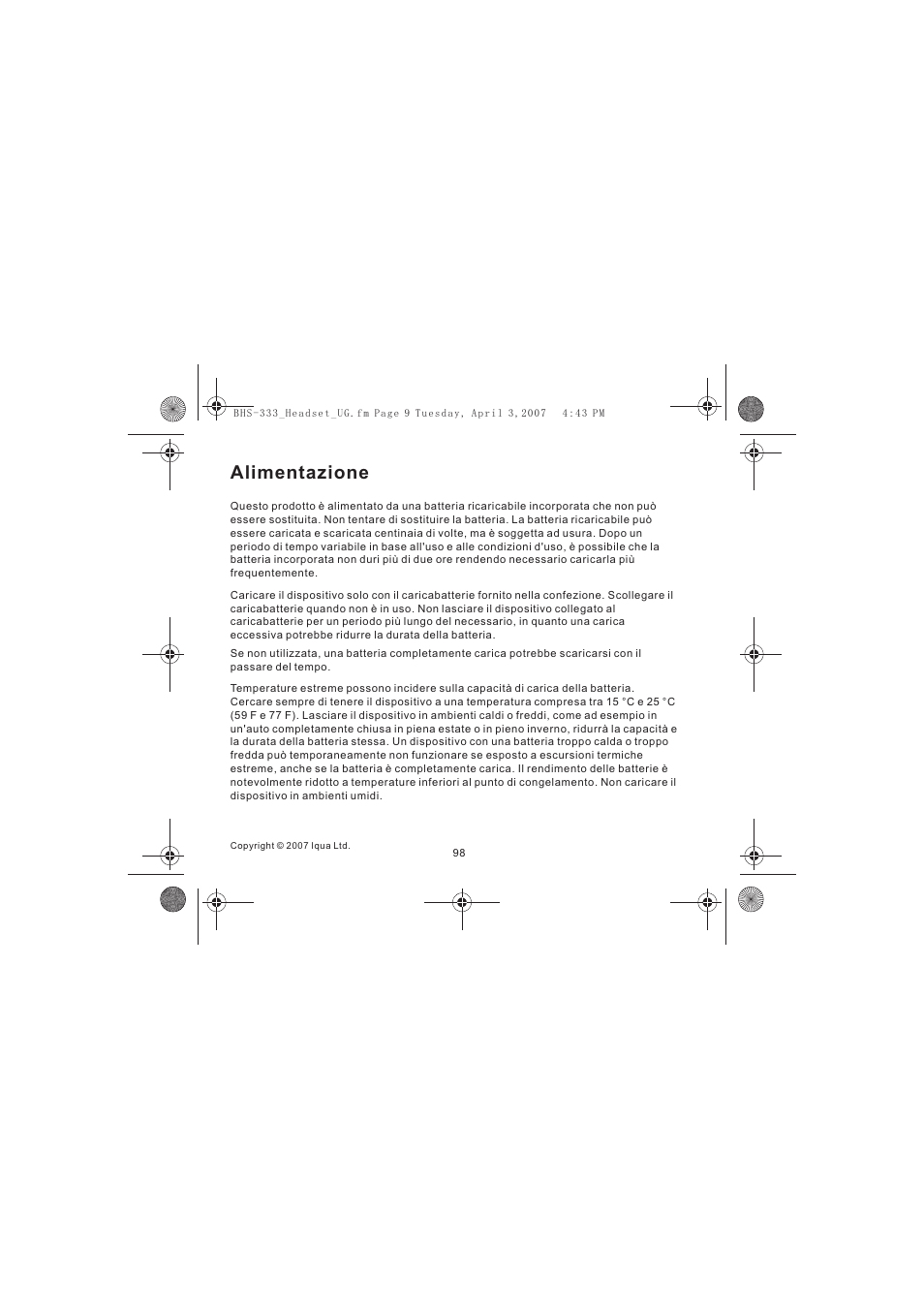 Alimentazione | Iqua Bluetooth BHS-333 User Manual | Page 98 / 128