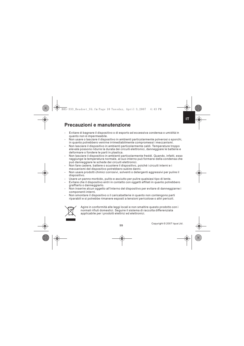 Precauzioni e manutenzione | Iqua Bluetooth BHS-333 User Manual | Page 99 / 128