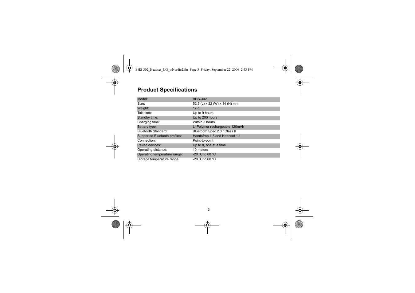 Product specifications | Iqua BHS-302 User Manual | Page 3 / 148