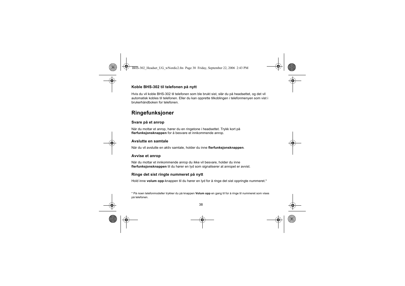 Ringefunksjoner | Iqua BHS-302 User Manual | Page 38 / 148