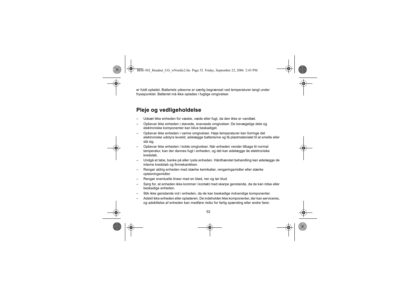 Pleje og vedligeholdelse | Iqua BHS-302 User Manual | Page 52 / 148