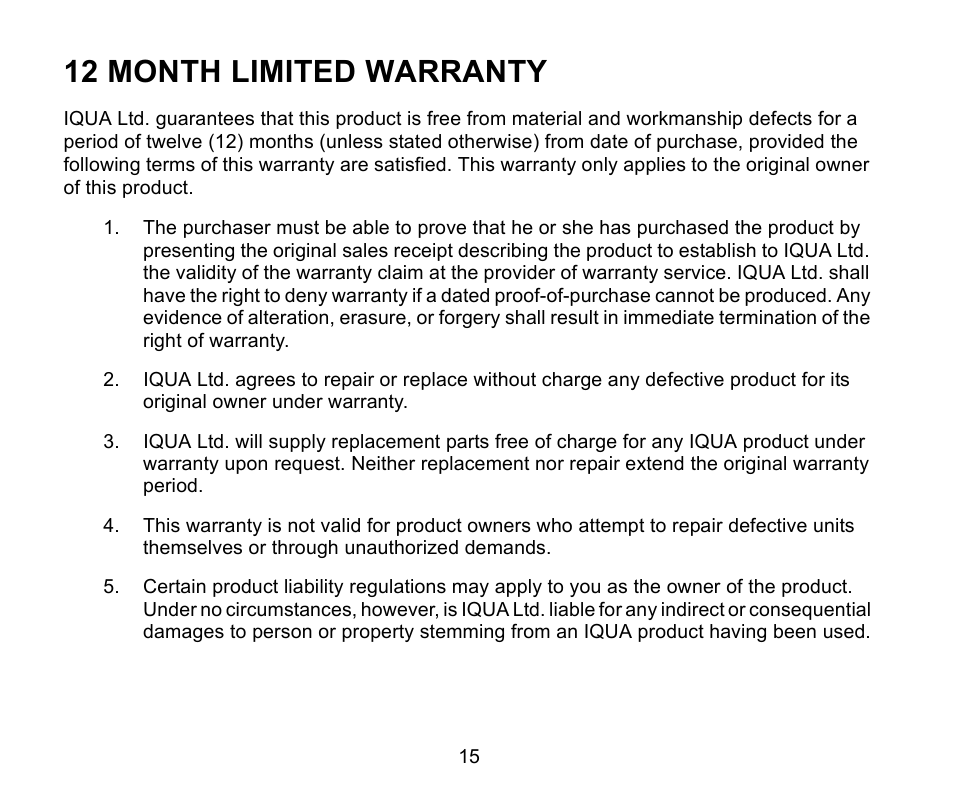 12 month limited warranty | Iqua Snake Bluetooth Headrest Handsfree User Manual | Page 16 / 18
