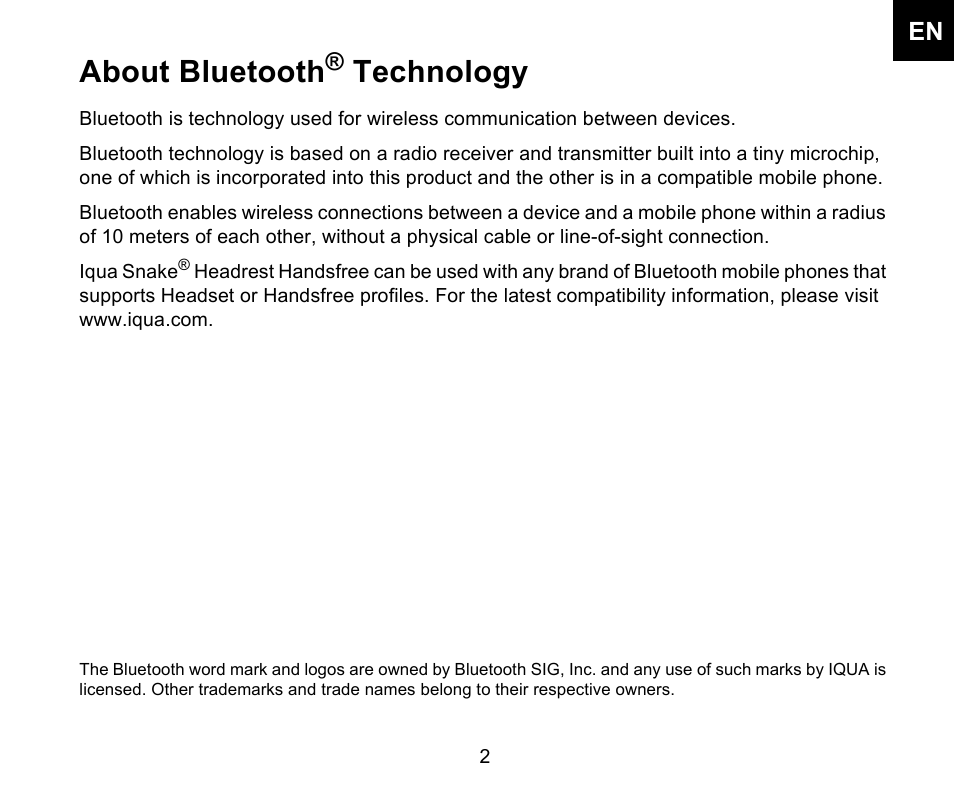 About bluetooth, Technology | Iqua Snake Bluetooth Headrest Handsfree User Manual | Page 3 / 18
