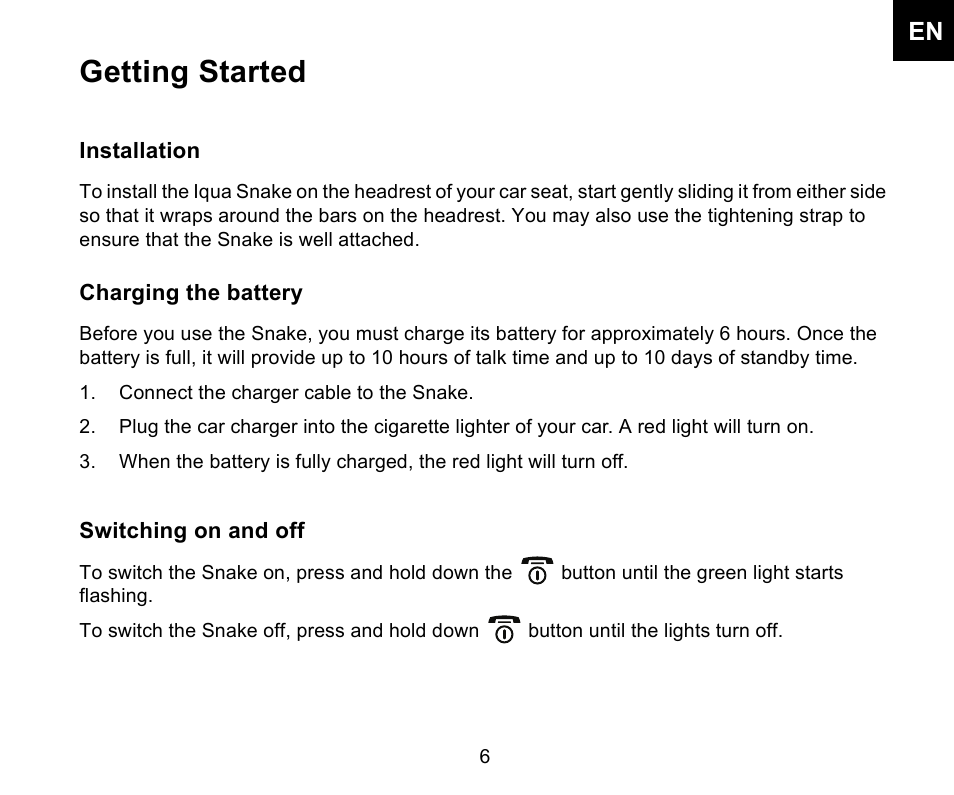 Getting started | Iqua Snake Bluetooth Headrest Handsfree User Manual | Page 7 / 18