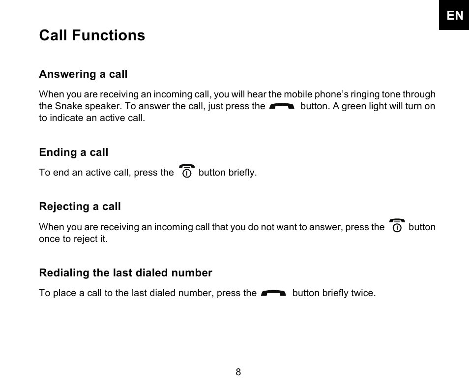 Call functions | Iqua Snake Bluetooth Headrest Handsfree User Manual | Page 9 / 18