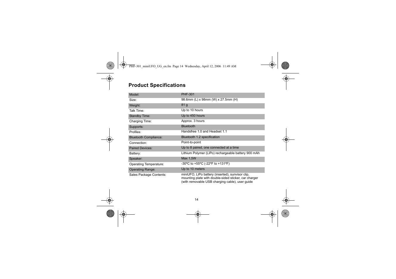 Product specifications | Iqua PHF-301 User Manual | Page 15 / 21