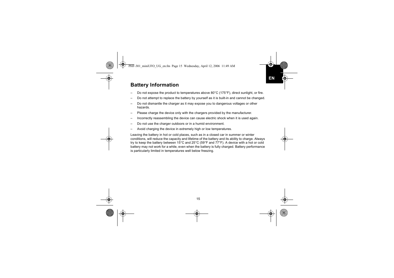 Battery information | Iqua PHF-301 User Manual | Page 16 / 21