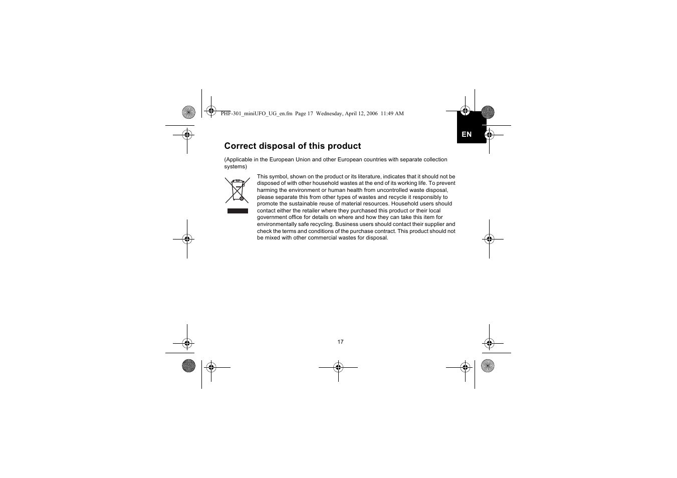 Correct disposal of this product | Iqua PHF-301 User Manual | Page 18 / 21