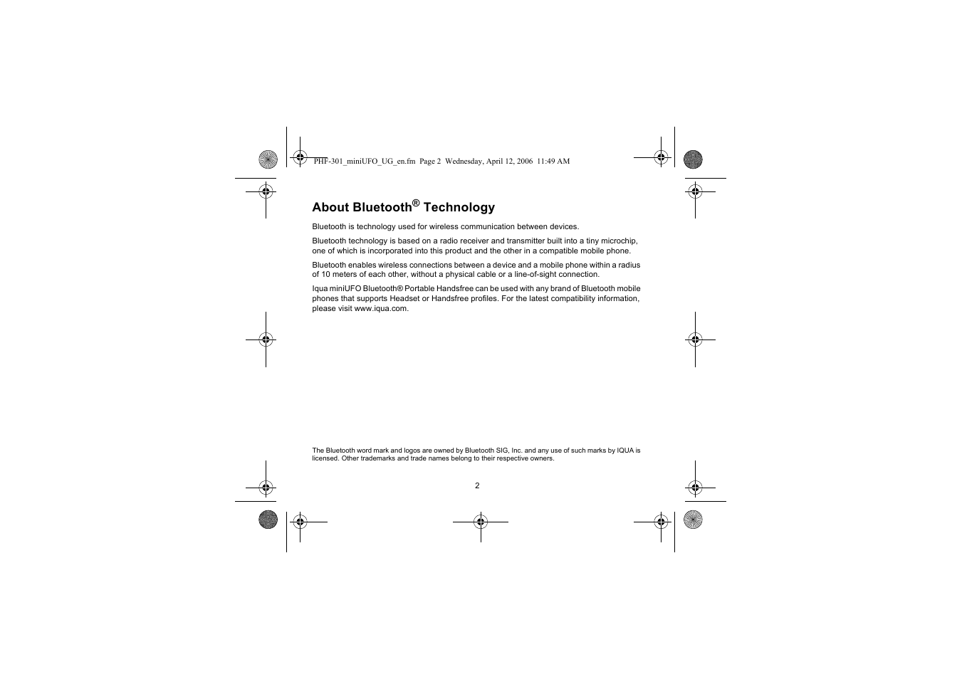 About bluetooth, Technology | Iqua PHF-301 User Manual | Page 3 / 21