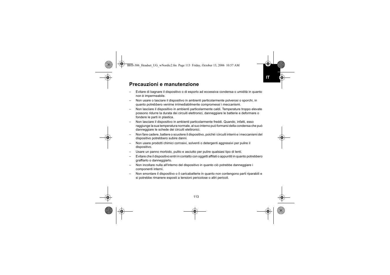 Precauzioni e manutenzione | Iqua BHS-306 User Manual | Page 113 / 148