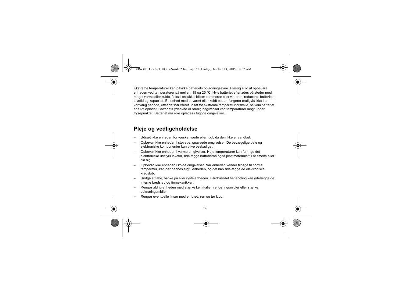 Pleje og vedligeholdelse | Iqua BHS-306 User Manual | Page 52 / 148