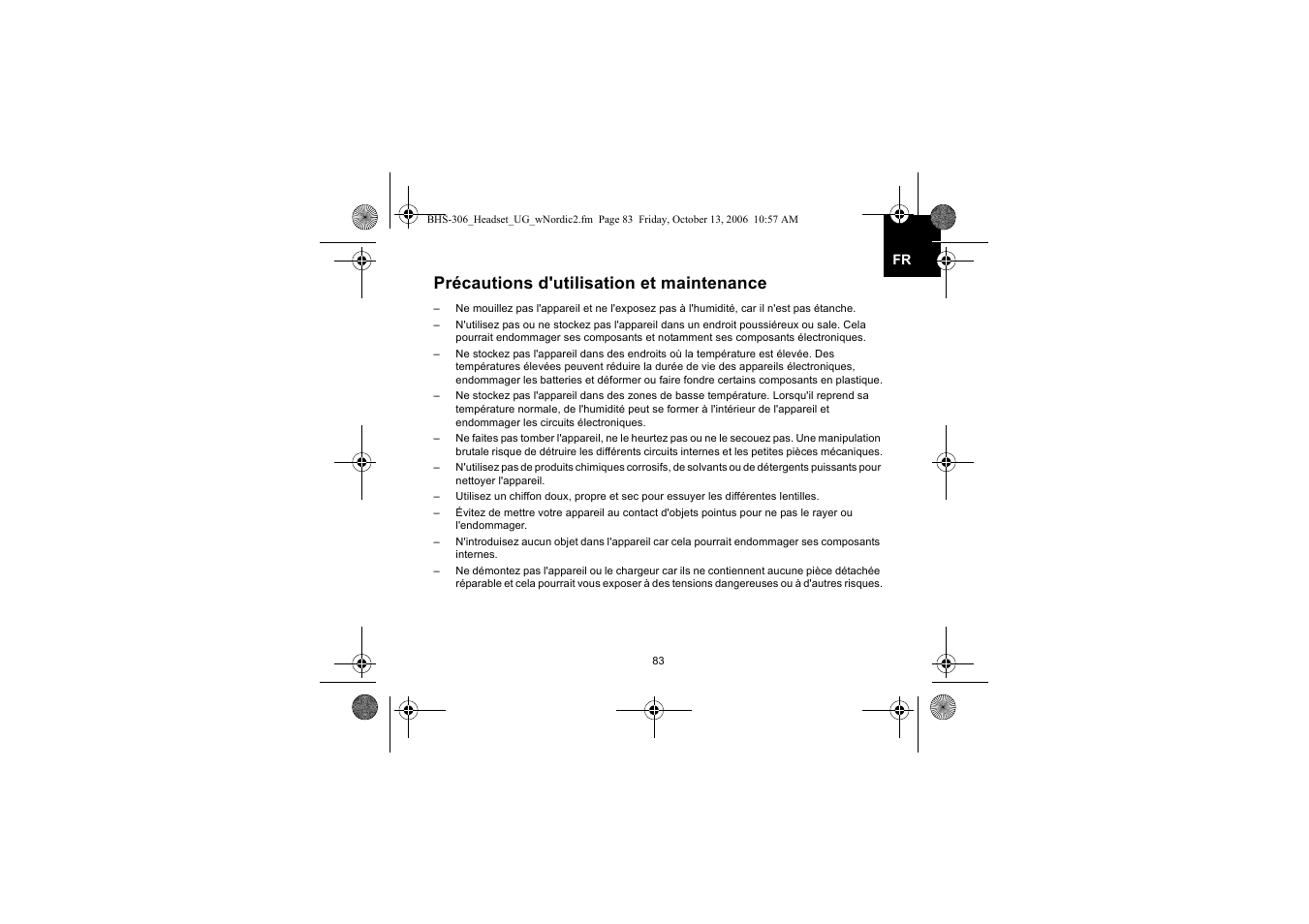 Précautions d'utilisation et maintenance | Iqua BHS-306 User Manual | Page 83 / 148