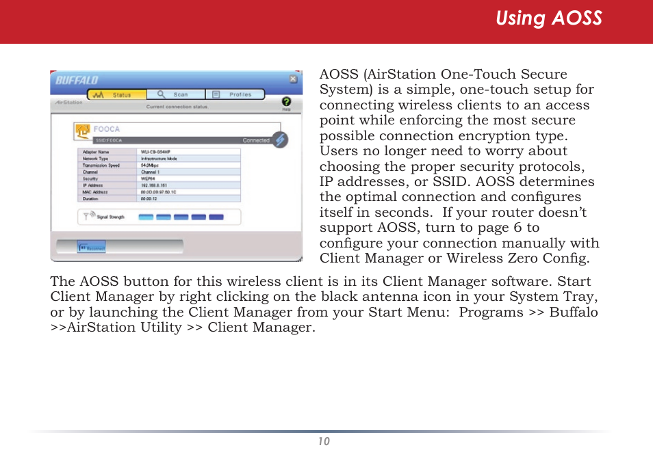 Using aoss | Infinity Wireless USB Adapter WLI-U2-G300N User Manual | Page 10 / 43