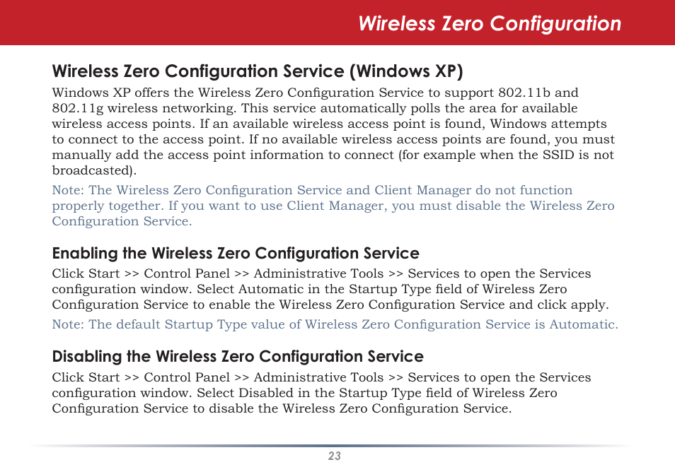 Wireless zero configuration, Wireless zero configuration service (windows xp) | Infinity Wireless USB Adapter WLI-U2-G300N User Manual | Page 23 / 43