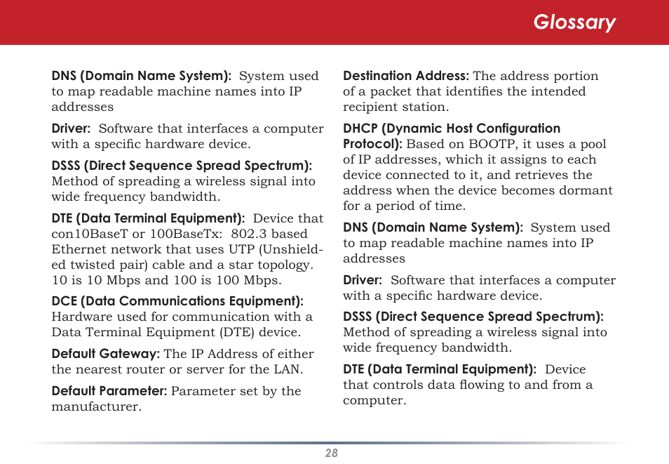 Glossary | Infinity Wireless USB Adapter WLI-U2-G300N User Manual | Page 28 / 43