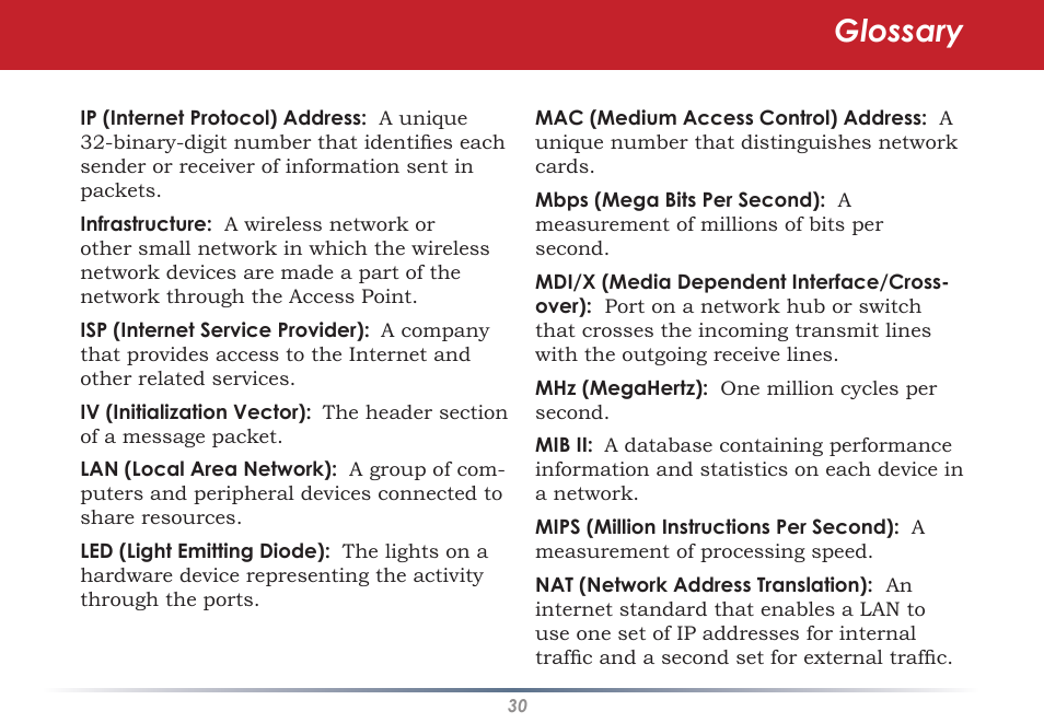 Glossary | Infinity Wireless USB Adapter WLI-U2-G300N User Manual | Page 30 / 43