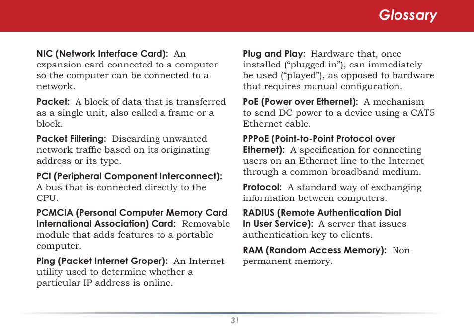 Glossary | Infinity Wireless USB Adapter WLI-U2-G300N User Manual | Page 31 / 43