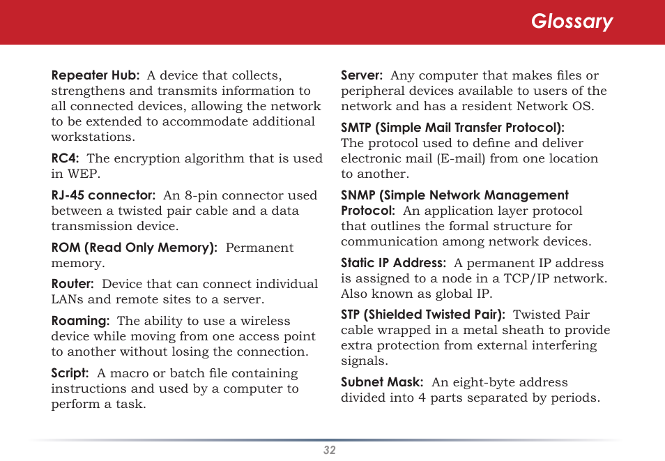 Glossary | Infinity Wireless USB Adapter WLI-U2-G300N User Manual | Page 32 / 43