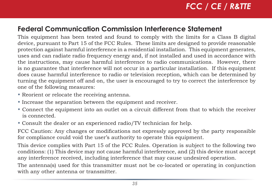 Fcc / ce / r&tte | Infinity Wireless USB Adapter WLI-U2-G300N User Manual | Page 35 / 43