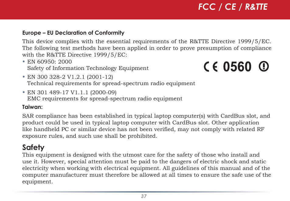 Fcc / ce / r&tte, Safety | Infinity Wireless USB Adapter WLI-U2-G300N User Manual | Page 37 / 43