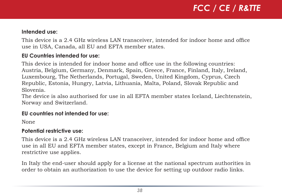 Fcc / ce / r&tte | Infinity Wireless USB Adapter WLI-U2-G300N User Manual | Page 38 / 43