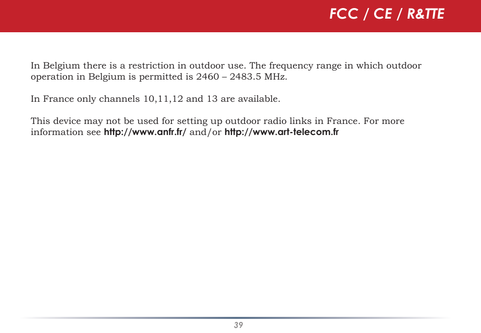 Fcc / ce / r&tte | Infinity Wireless USB Adapter WLI-U2-G300N User Manual | Page 39 / 43