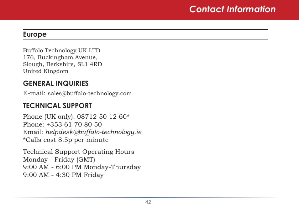 Contact information | Infinity Wireless USB Adapter WLI-U2-G300N User Manual | Page 42 / 43