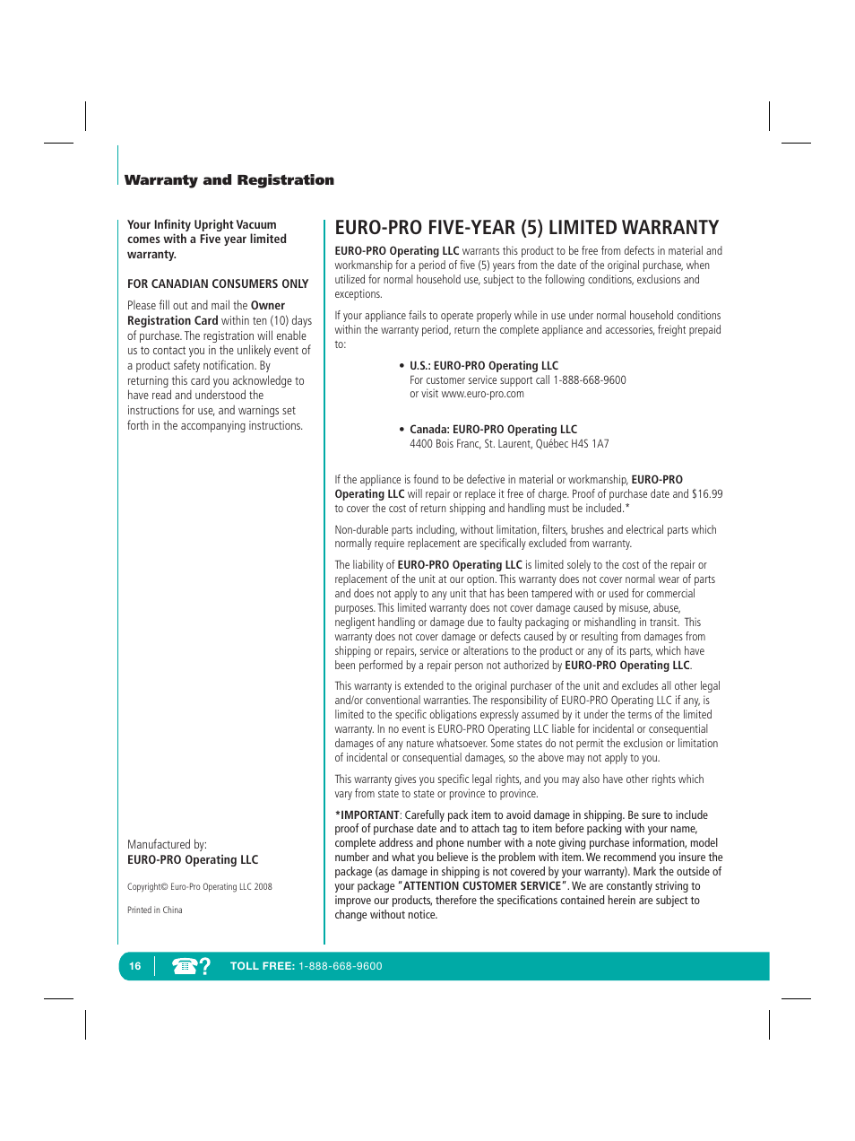 Euro-pro five-year (5) limited warranty | Infinity NV22Q User Manual | Page 18 / 56