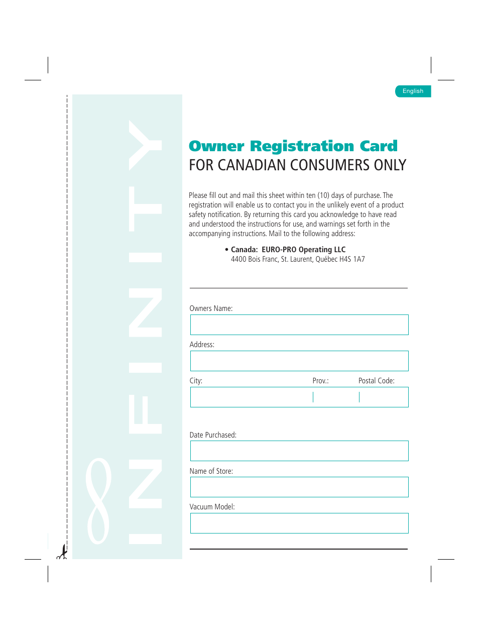 For canadian consumers only, Owner registration card | Infinity NV22Q User Manual | Page 19 / 56