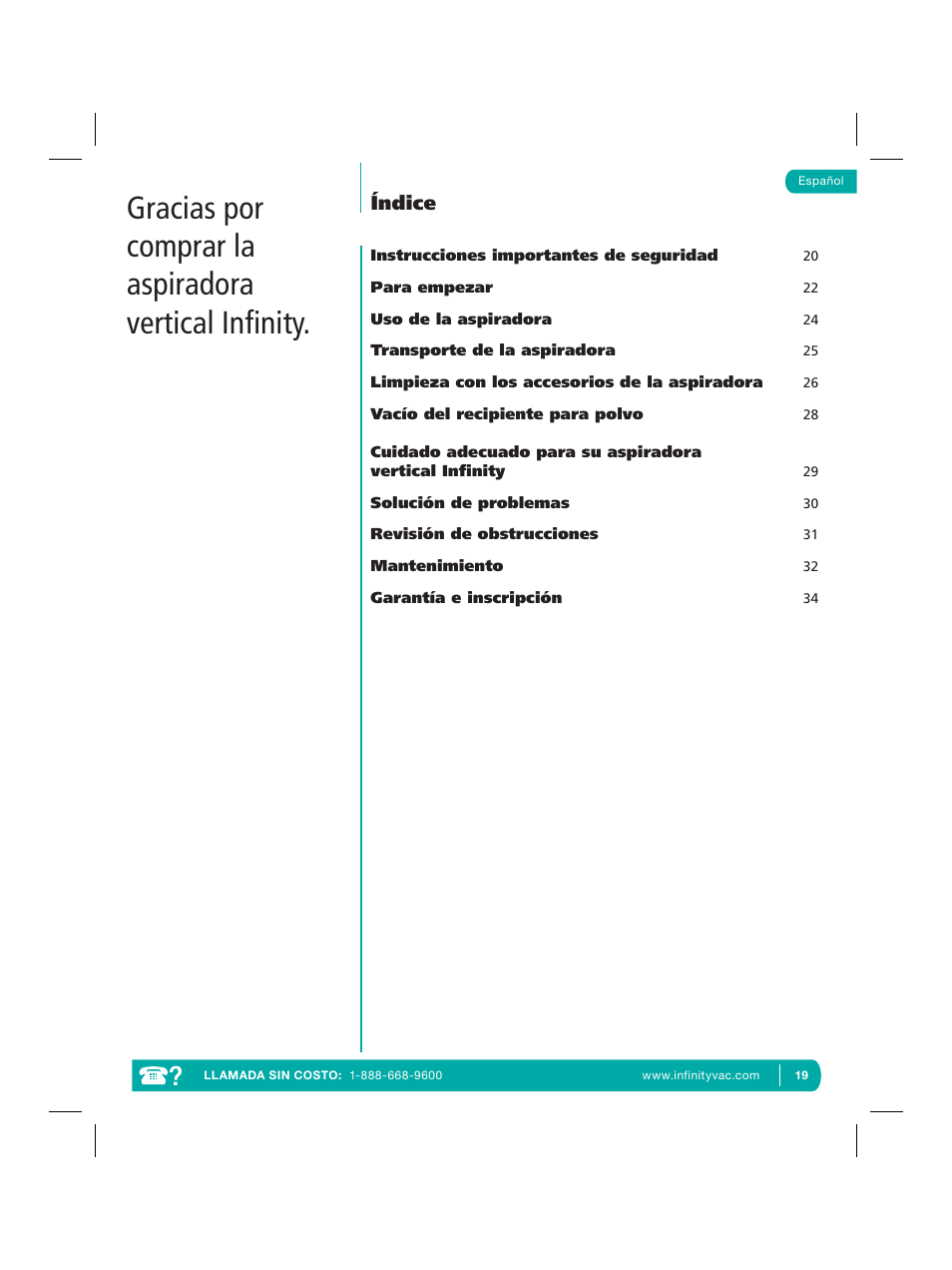 Gracias por comprar la aspiradora vertical inﬁnity, Índice | Infinity NV22Q User Manual | Page 21 / 56