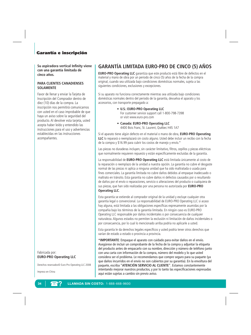 Garantía limitada euro-pro de cinco (5) años | Infinity NV22Q User Manual | Page 36 / 56