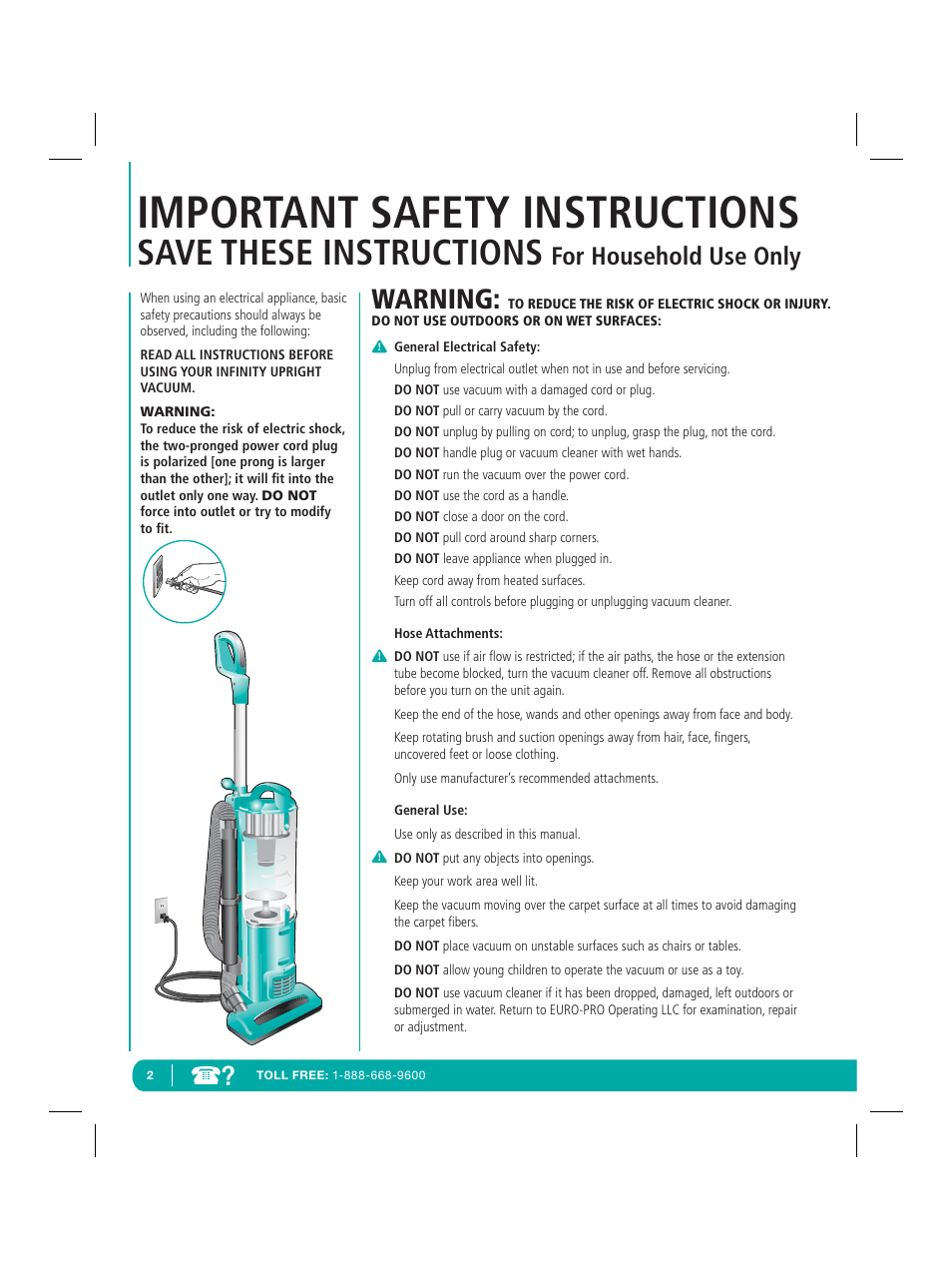 Important safety instructions, Save these instructions, Warning | For household use only | Infinity NV22Q User Manual | Page 4 / 56