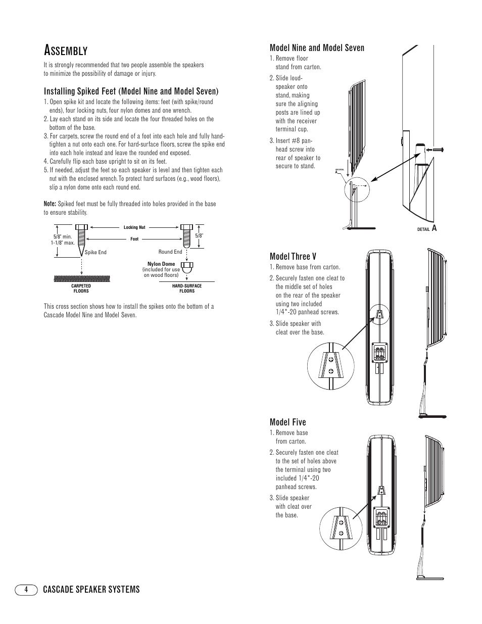 Ssembly, Cascade speaker systems, Model nine and model seven | Model three v, Model five | Infinity CascadeTM Three V User Manual | Page 4 / 8