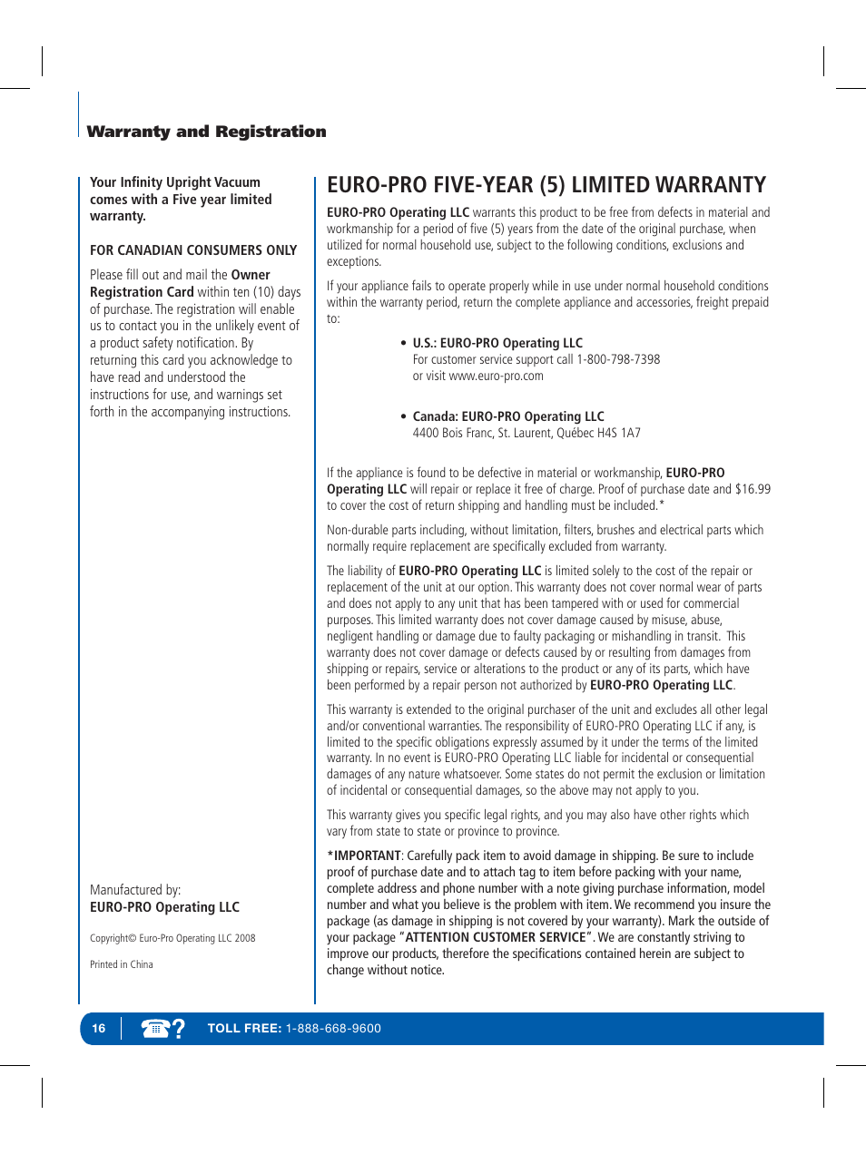Euro-pro five-year (5) limited warranty | Infinity NV30K User Manual | Page 17 / 19