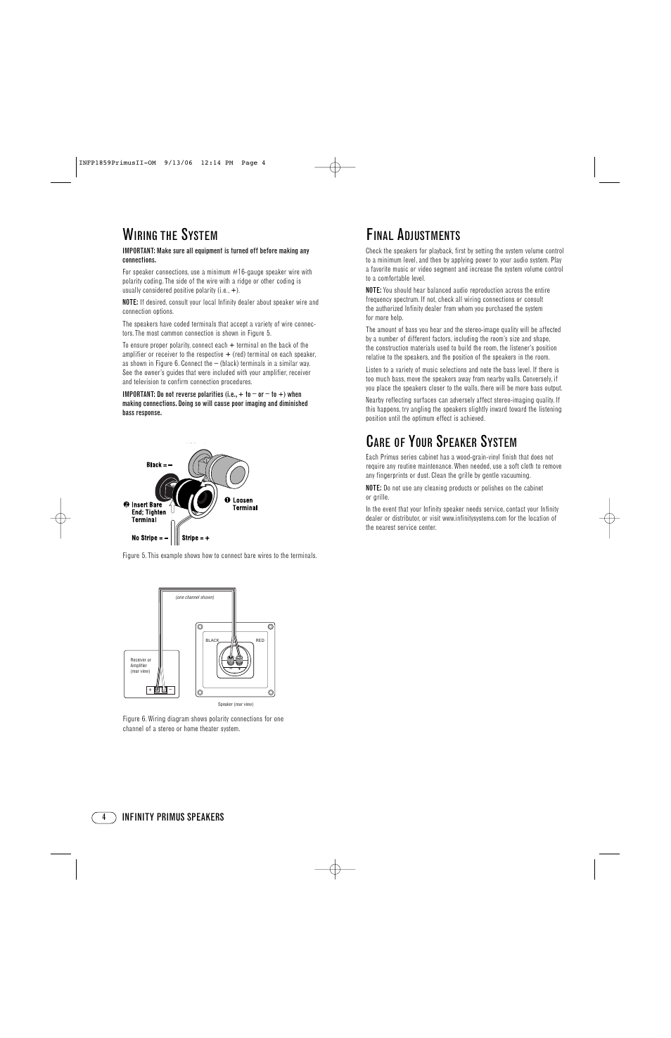 Inal, Djustments, Are of | Peaker, Ystem, Iring the | Infinity PRIMUS PC250 User Manual | Page 4 / 8