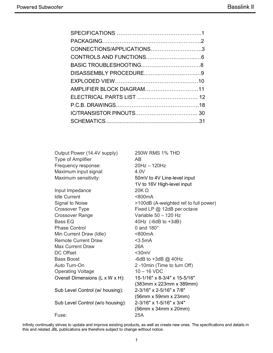 Infinity Powered Subwoofer Basslink II None User Manual | Page 2 / 34