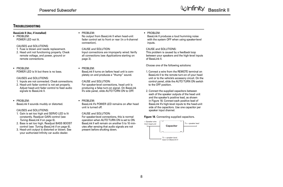 Basic troubleshooting..…….…….………………8, Basslink ii, Powered subwoofer | Infinity Powered Subwoofer Basslink II None User Manual | Page 9 / 34