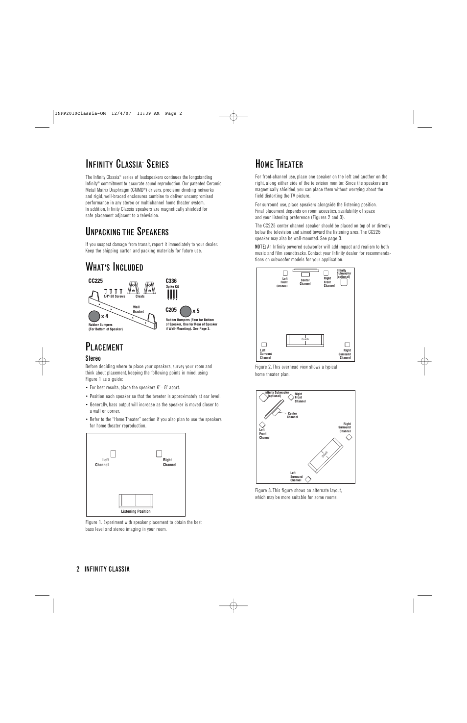 Nfinity, Lassia, Eries | Npacking the, Peakers, Ncluded, Lacement, Heater | Infinity C205 User Manual | Page 2 / 8