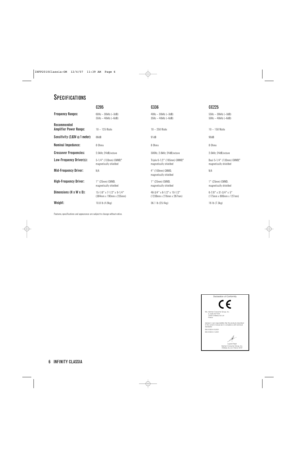 Pecifications, 6 infinity classia | Infinity C205 User Manual | Page 6 / 8