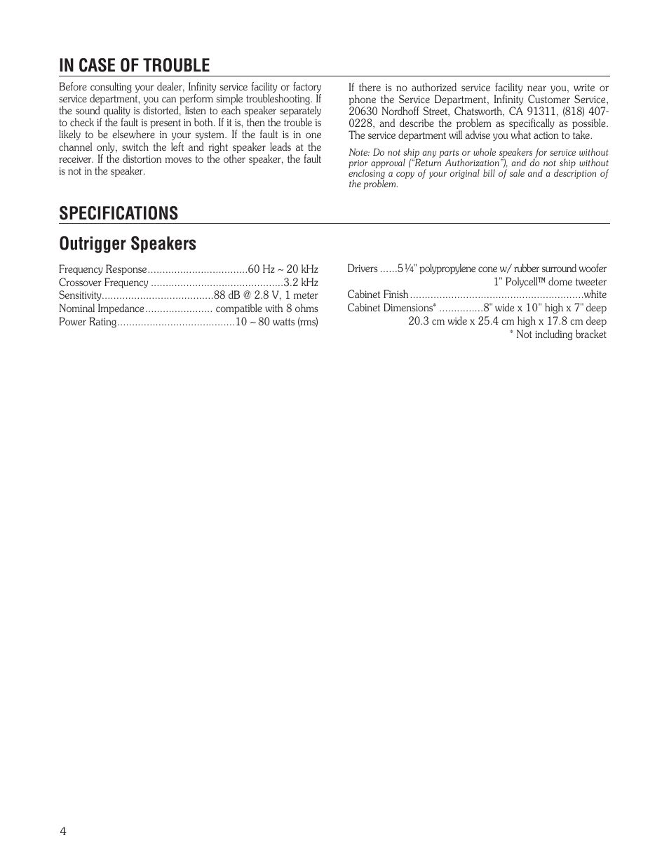 Specifications outrigger speakers | Infinity OUTDOOR SPEAKERS User Manual | Page 5 / 6