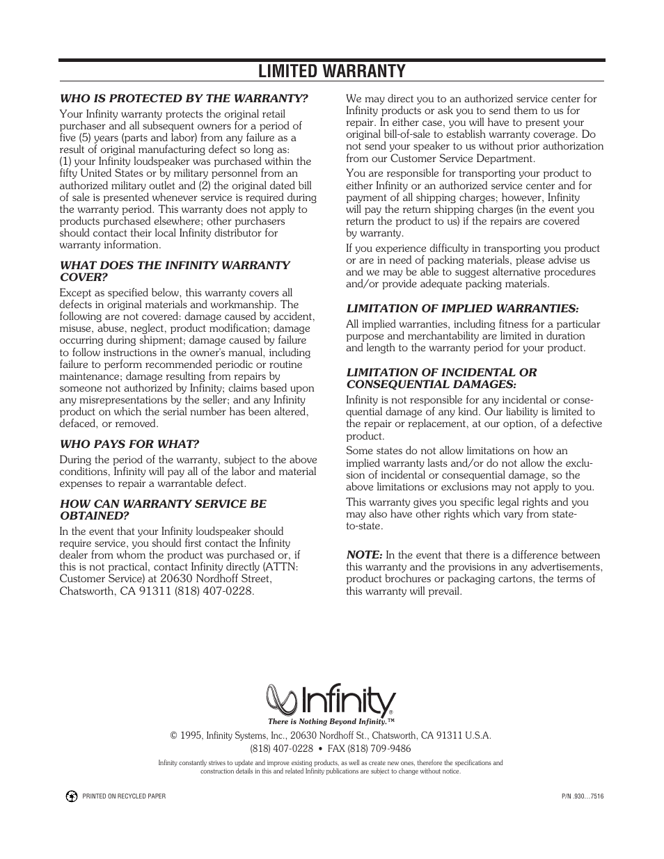 Limited warranty | Infinity OUTDOOR SPEAKERS User Manual | Page 6 / 6