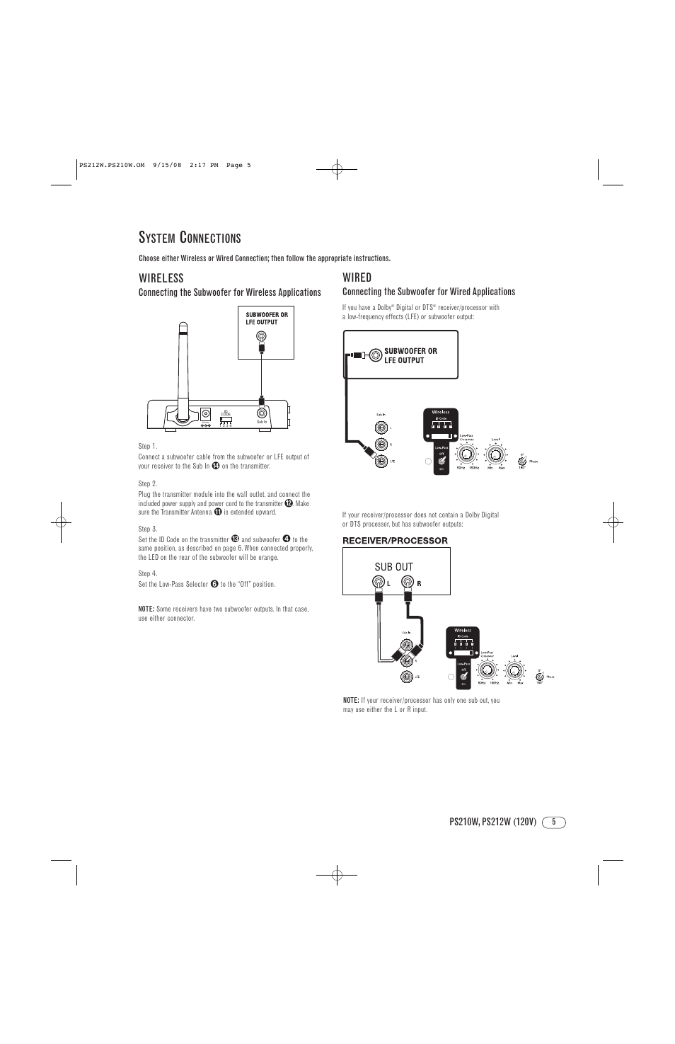 Ystem, Onnections, Wireless | Wired | Infinity PS212W User Manual | Page 5 / 8