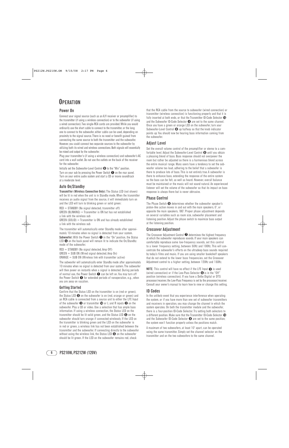 Peration, Adjust level, Phase control | Crossover adjustment, Id codes, Power on, Auto on/standby | Infinity PS212W User Manual | Page 6 / 8