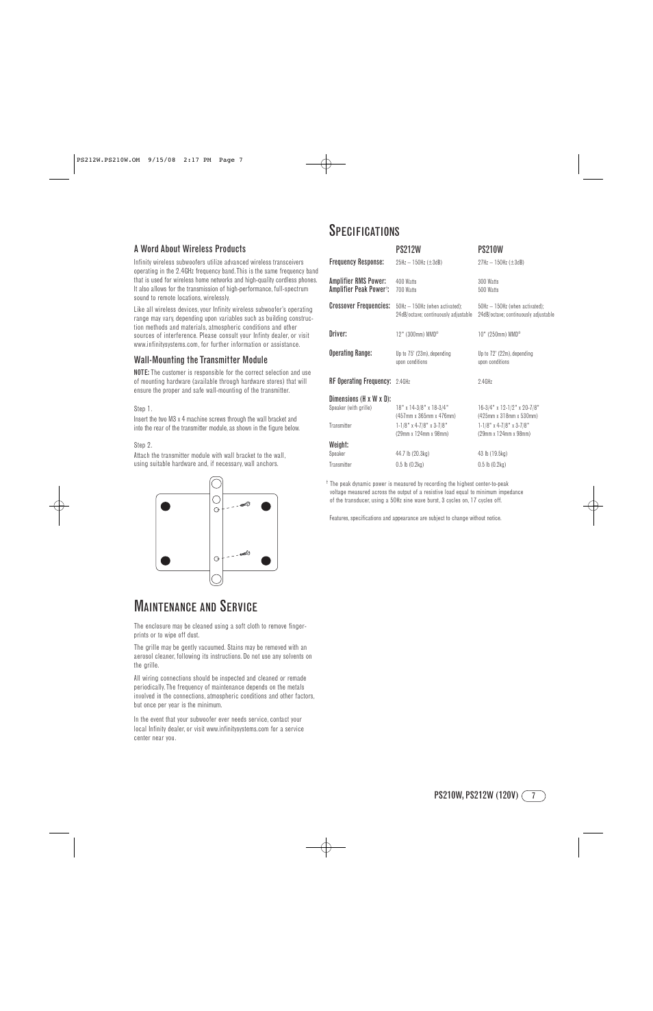 Pecifications, Aintenance and, Ervice | Infinity PS212W User Manual | Page 7 / 8