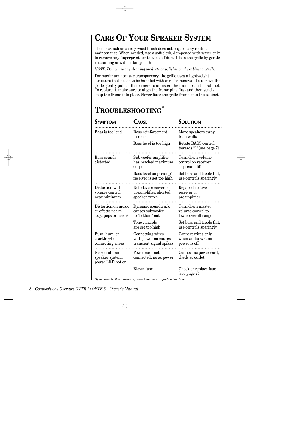 Peaker, Ystem, Roubleshooting* s | Infinity 3-Way Full Rang Floorstanding Speakers OVTR 2 User Manual | Page 10 / 15