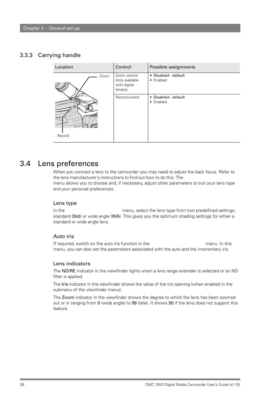 3 carrying handle, 4 lens preferences, Carrying handle | Lens preferences | Infinity DMC 1000 User Manual | Page 38 / 150