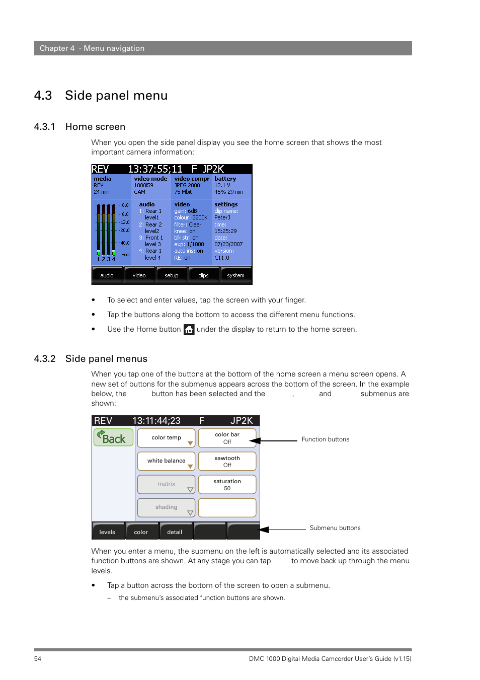 3 side panel menu, 1 home screen, 2 side panel menus | Side panel menu 4.3.1, Home screen, Side panel menus, Back | Infinity DMC 1000 User Manual | Page 54 / 150