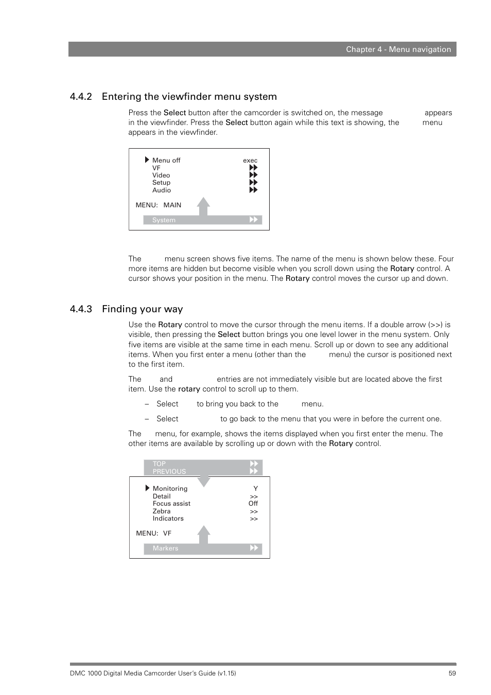 2 entering the viewfinder menu system, 3 finding your way, Entering the viewfinder menu system | Finding your way | Infinity DMC 1000 User Manual | Page 59 / 150